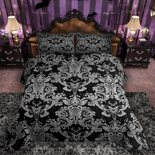 Feelyou Adults White Black Vintage Damask Floral Comforter Set Oriental Antique Comforter King Size Gothic Bohemia Boho Flower Bedding Set Gothic Skull Duvet Set Quilt Set 3Pcs