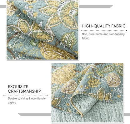 Travan 3-Piece Quilt Set Quilted Bedspread Cotton Coverlet Set Floral Printed Oversized Quilted Bedding Set with Shams for All Season, Green Vine, Queen Size