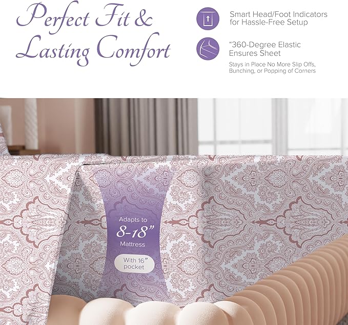 Carressa Linen 100% Egyptian Cotton King Size Sheet Set - Printed 600 Thread Count Egyptian Cotton Sheets King Size (Paisley Print), Soft, Cooling, Sateen Weave 16" Deep Pocket Luxury Hotel Sheets