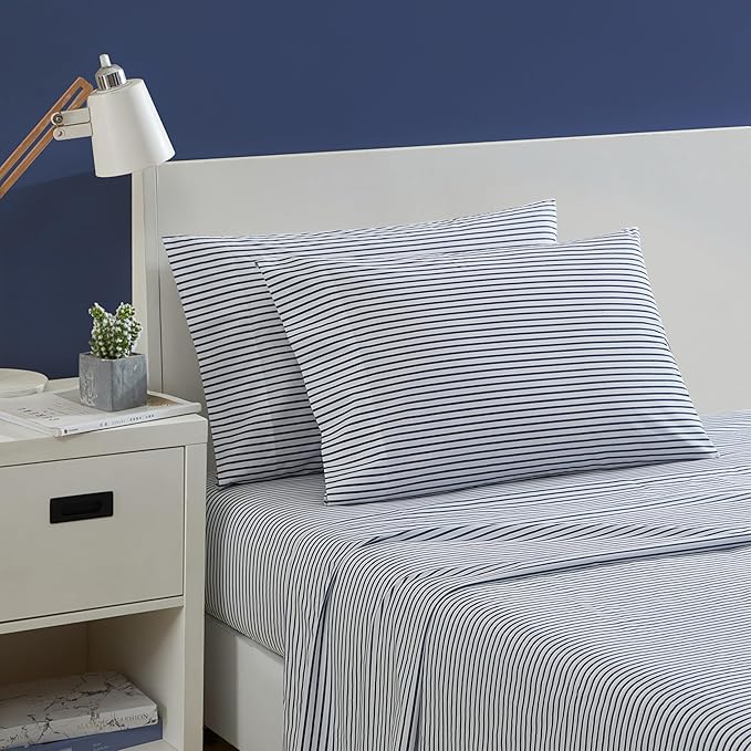 Nautica- Queen Sheet Set, Cotton Percale Bedding Set, Crisp & Cool, Lightweight & Breathable (Harmead Navy, Queen)