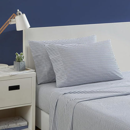 Nautica- Queen Sheet Set, Cotton Percale Bedding Set, Crisp & Cool, Lightweight & Breathable (Harmead Navy, Queen)