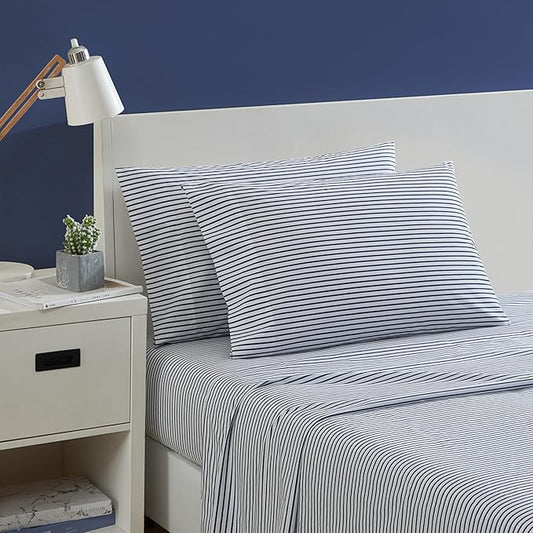 Nautica- Queen Sheet Set, Cotton Percale Bedding Set, Crisp & Cool, Lightweight & Breathable (Harmead Navy, Queen)