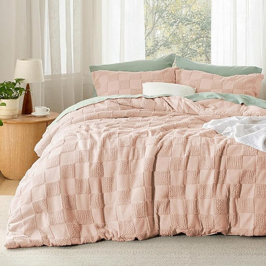 Bedsure Queen Size Comforter Set Dusty Rose, Boho Tufted Bed Set, Checkered Farmhouse Shabby Chic Bedding, 3 Pieces, 1 Plaid Geometric Comforter and 2 Pillow Shams