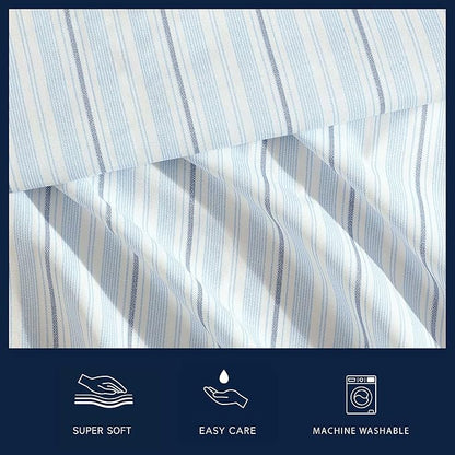 Nautica - Sheets, Cotton Percale Bedding Set with Matching Pillowcases, Crisp & Cool, Deep Pocket (Camp Stripe Blue, King)