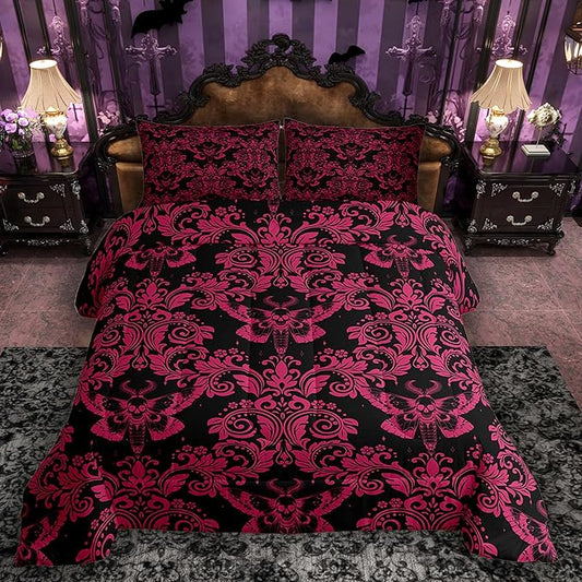 Feelyou Adults Pink Vintage Damask Floral Comforter Set Oriental Antique Comforter Full Size Gothic Bohemia Boho Flower Bedding Set Gothic Skull Duvet Set Quilt Set 3Pcs