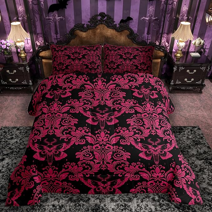 Feelyou Adults Pink Vintage Damask Floral Comforter Set Oriental Antique Comforter King Size Gothic Bohemia Boho Flower Bedding Set Gothic Skull Duvet Set Quilt Set 3Pcs