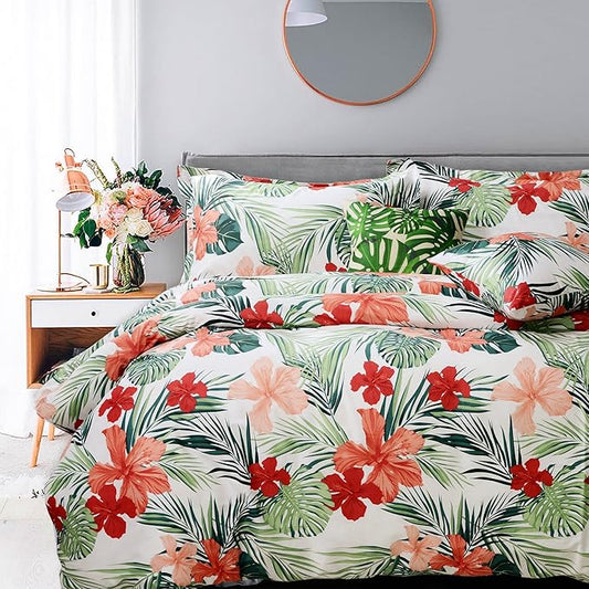 FADFAY Green Duvet Cover 100% Cotton Tropical Bedding Red Hibiscus Flower & Forest Green Palm Leaves Plants Watercolor Printed Zipper Closure Soft Breathable Girls Floral Bedding Set 3 Pcs, Full