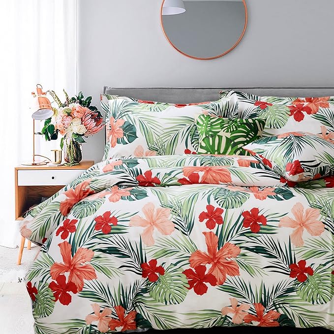 FADFAY Hawaiian Style Red Hibiscus Palm Leaves Tropical Duvet Cover Set Summer Bedding Super Soft 100% Cotton,1 Duvet Cover & 2 Pillow Shames, King Size
