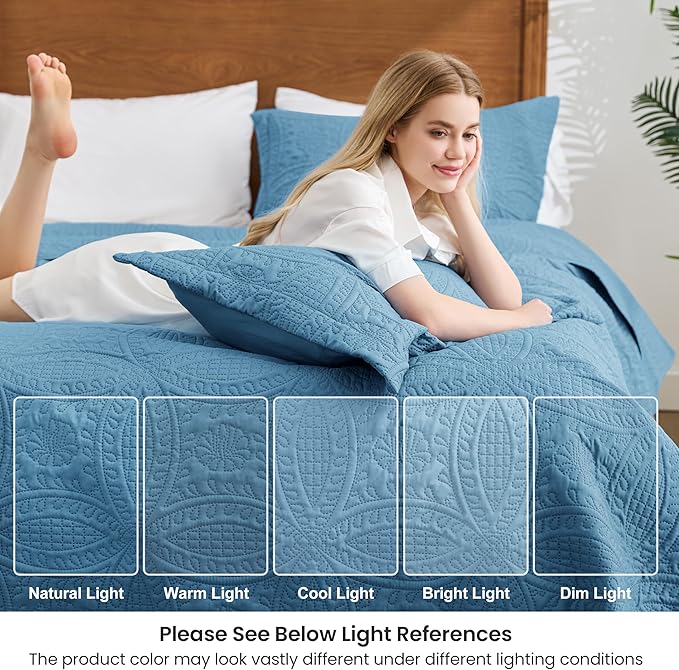 Love's cabin Oversized King Size Quilt Bedding Set Misty Blue Bedspreads - Oversized King Lightweight Bedspread Comforter - Coin Pattern Coverlet for All Season - 3 Pieces (1 Quilt, 2 Pillow Shams)