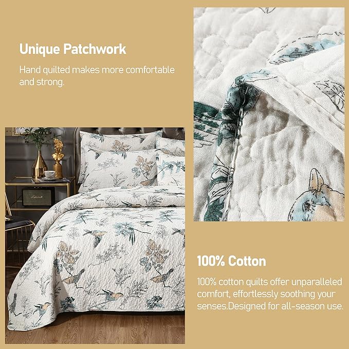 DURLENGEN Birds & Floral 100% Cotton Queen Quilt 3Pcs,Reversible Birds & Flowers Pattern on White,Luxury Lightweight Coverlet Sets for All Season(Queen 90x96,Birds & Floral)