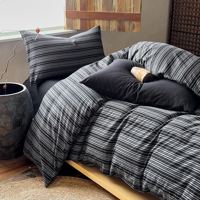 EAVD Retro Black Striped Duvet Cover Full Soft 100% Washed Cotton Reversible Striped Pattern Bedding Set with 2 Pillowcases Farmhouse Geometric Duvet Cover with Zipper Closure