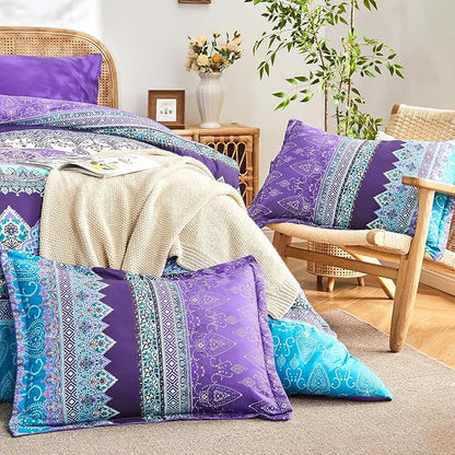 Boho Comforter Set King Size Purple - 7 Pieces Bohemian Floral Striped Comforter and Sheet Set, Lightweight Bed in a Bag Complete Bedding Sets King Size for All Season (Purple,King)