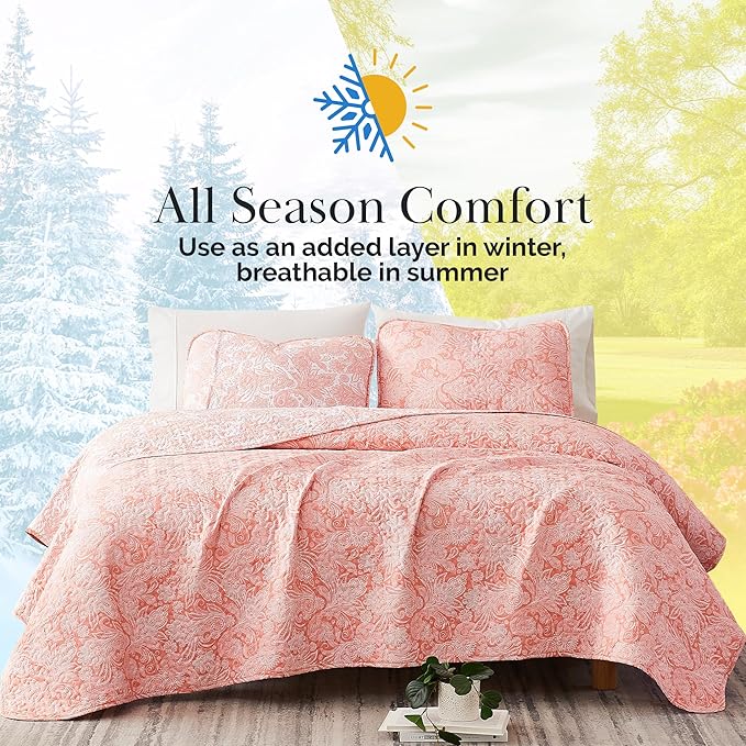 Southshore Fine Living, Inc. Paisley Quilt Set King/California Size, Light Weight Bedspread, 3-Piece Set Bohemian Bedding with Two Matching Quilted Pillow Shams, Cal/King Quilt, Reversible Coral