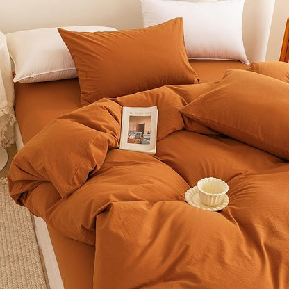 ECOCOTT Orange Duvet Cover King Size, 3 Piece 100% Washed Cotton 1 Duvet Cover with Zipper and 2 Pillowcases, Ultra Soft and Easy Care Breathable Cozy Bedding Set (Orange,King)