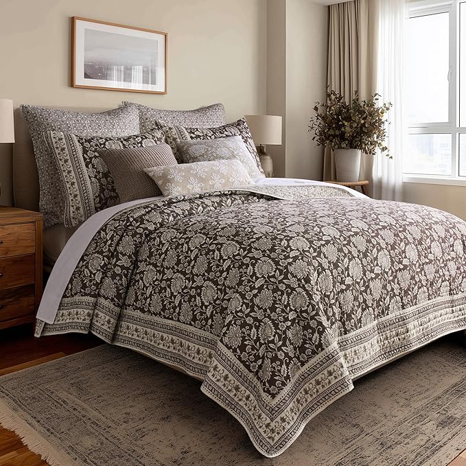 Levtex Home Adare Cocoa Reversible Twin/Twin XL Quilt Set (68x86in) with 1 Pillow Sham (26x20in) - Floral Bedding - Brown Cream - Cotton Twin Size Quilt Bedding Set - Lightweight, Soft, Pre-Washed