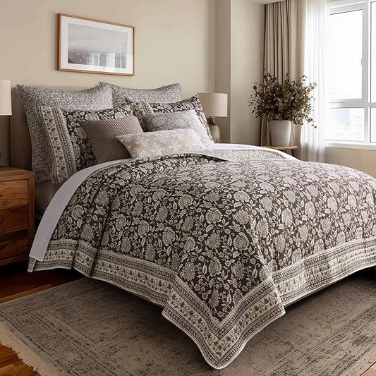 Levtex Home Adare Cocoa Reversible Twin/Twin XL Quilt Set (68x86in) with 1 Pillow Sham (26x20in) - Floral Bedding - Brown Cream - Cotton Twin Size Quilt Bedding Set - Lightweight, Soft, Pre-Washed