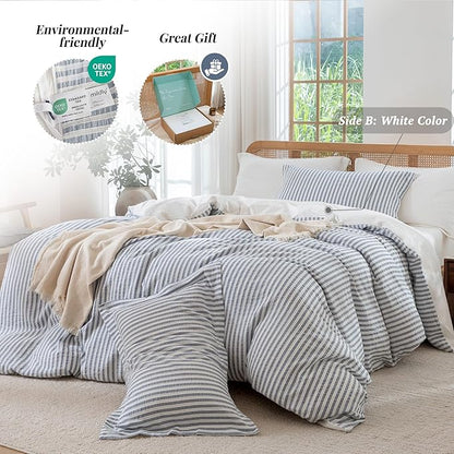 MILDLY Blue Striped Duvet Cover - 100% Washed Cotton Jacquard Boho Textured Comforter Cover 3pcs with Zipper Closure 80"x90"