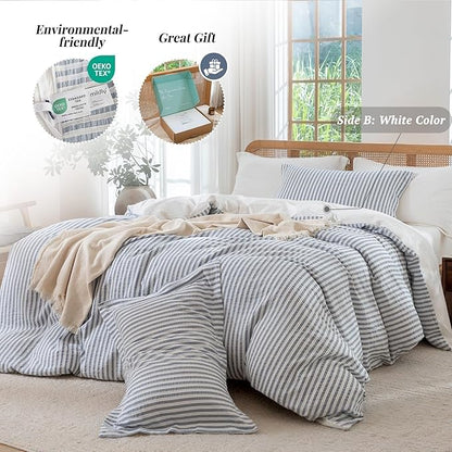 MILDLY Blue Striped Duvet Cover - 100% Washed Cotton Jacquard Textured Comforter Cover with Dual Zipper Closure & 8 Coner Ties