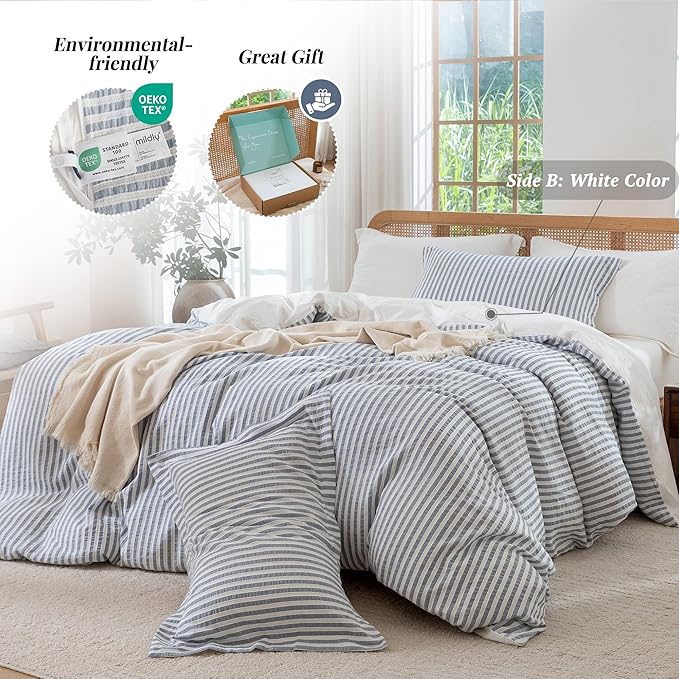 MILDLY Blue Striped Duvet Cover - 100% Washed Cotton Jacquard Textured Comforter Cover with Dual Zipper Closure & 8 Coner Ties