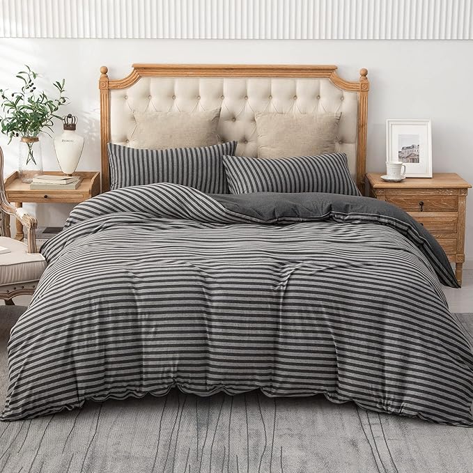 PURE ERA Jersey Knit Duvet Cover Set 100% T-Shirt Heather Cotton Super Soft Comfy Classic Striped Design, with Zipper Closure, Charcoal Dark Grey Stripe, King
