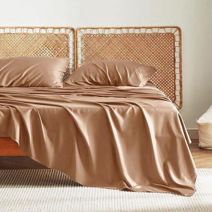 Bedsure Queen Sheet Set, Rayon Derived from Bamboo, Cooling Sheets, PureWoven, Breathable & Soft, Deep Pocket Up to 16 Inches, Hotel Luxury Silky Bedding for Hot Sleepers, Khaki