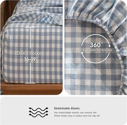 MooMee Gingham Sheet Set 100% Washed Cotton Linen Like Textured Breathable Soft w/Fully Elasticized 16-19" Deep Pocket (Classic Gingham Cornflower Blue, Queen)