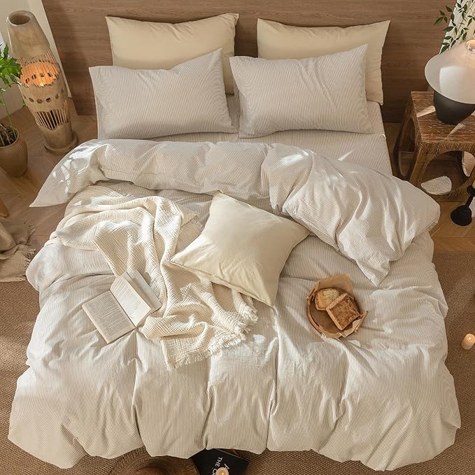 MooMee Striped Duvet Cover Set 100% Washed Cotton Linen Like Textured Breathable Durable Soft Comfy (Tannish Linen Grey White Pinstripes, Oversized Queen 98"x98")