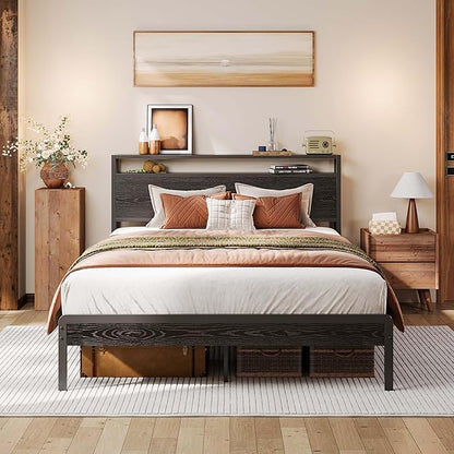 LIKIMIO Full Bed Frame with Headboard, Dark Wood Camas Full with Strong Supports, Sturdy, Noise-Free, No Box Spring Needed, Black