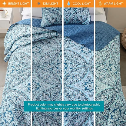 Comfort Spaces Reversible Quilt Set-Vermicelli Stitching Design All Season, Lightweight, Coverlet Bedspread Bedding, Matching Shams, Twin/Twin XL (66 in x 90 in), Gloria Damask Aqua 2 Piece