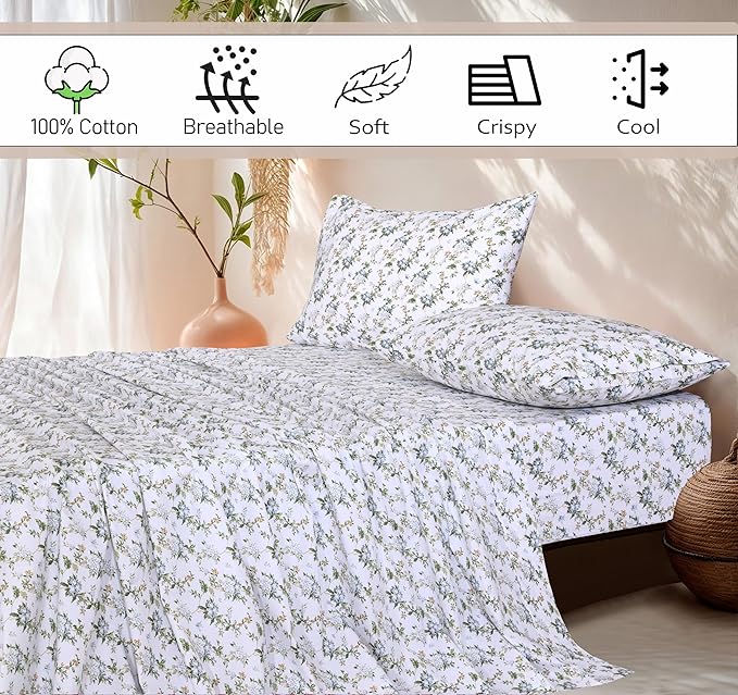RUVANTI 100% Cotton Sheets – Full Size Percale Bedding, Cooling & Breathable Floral Design, Durable with a Crisp, Soft & Comfortable Feel, 16" Deep Pocket, 4-Piece Set, Heritage
