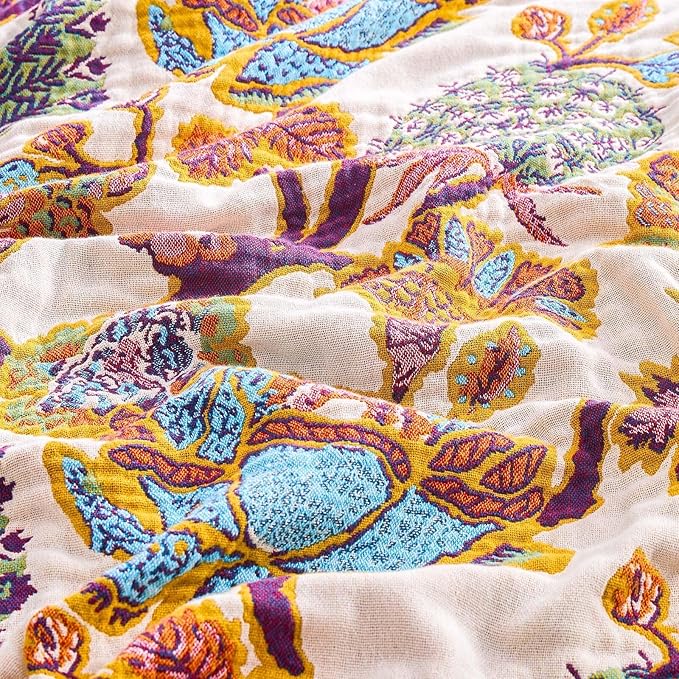 Boho Throw Blanket for Bed, 100% Cotton Soft Rustic Quilt Fall Blanket, 90"x98" Floral Printed Farmhouse Decor Bed Blankets, All Season Rustic Reversible Bohemian Throw Quilt