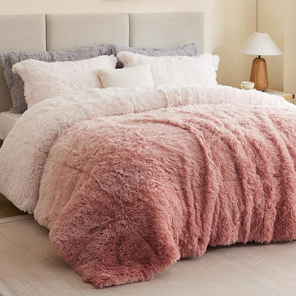 Intelligent Design Brielle, Long Shaggy Faux Fur Comforter Set, Plush Reverse, Trendy Ombre Design, Modern, Cozy All Season Bedding, Matching Sham, King/Cal King(104"x90") Blush 3 Piece