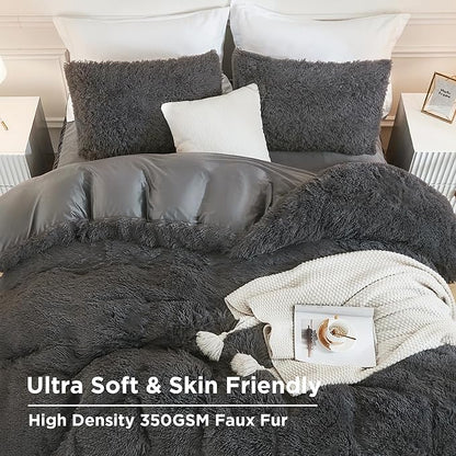 Andency Dark Grey Comforter Set King Size, 3 Pieces Faux Fur Gray Fluffy Fuzzy Plush Bedding Comforter Set, Soft Puffy Comfy Down Alternative Comforter Bed Set