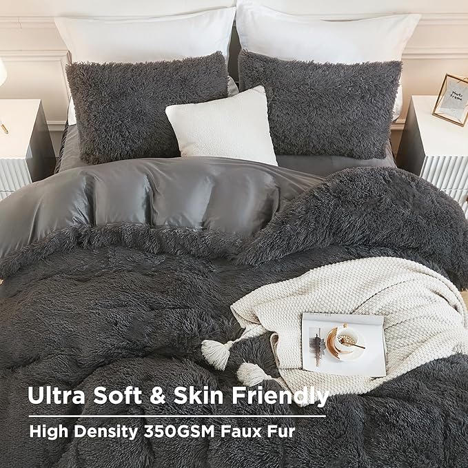 Andency Dark Grey Queen Comforter Set, 3 Pieces Fluffy Faux Fur Warm Soft Fuzzy Plush Gray Bedding Comforter Set, Thick Heavy Puffy Comfy Bedding Sets