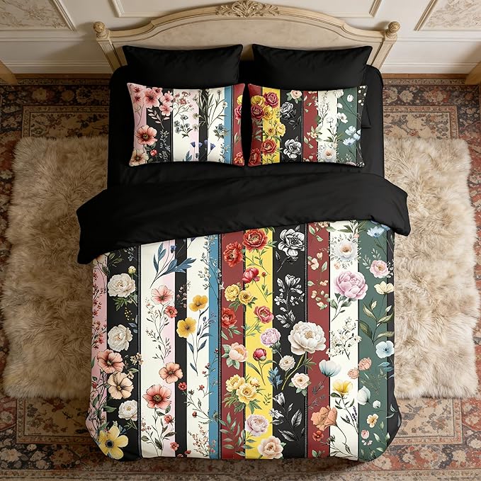 Vintage Black Floral Comforter Set Full for Girls, 3Pcs Stripe Patchwork Bedding Set for Women, Farmhouse Country Botanical Floral Quilted Comforter with 2 Pillowcases, 79"x90"