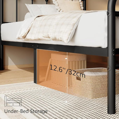 zunatu King Size Metal Bed Frame with Victorian Style Headboard and Footboard, Steel Slat Support Platform Bed, No Box Spring Needed, Under Bed Storage, Easy Assembly, Black