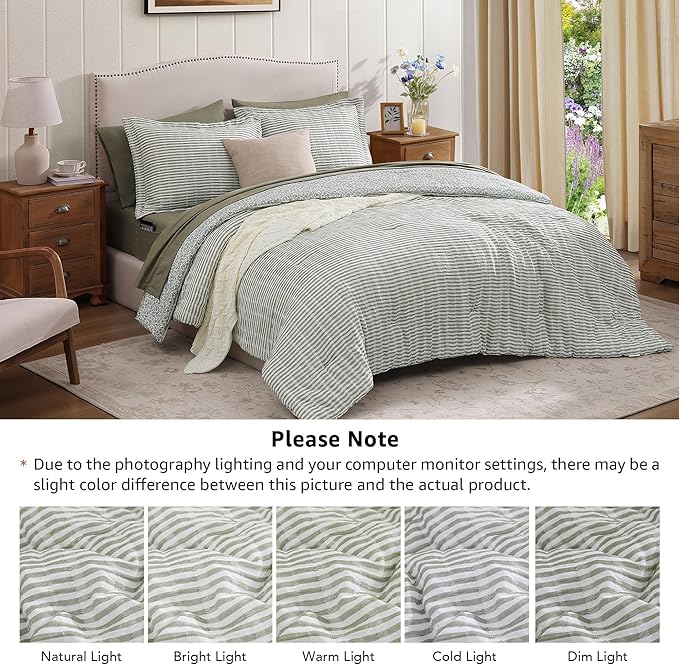 Full Comforter Set - 7 Pieces Green Gauze Muslin Bedding Sets for All Seasons, Lightweight Breathable Bed in a Bag Full with Revesible Farmhouse Comforter, Sheets, Pillowcases & Shams