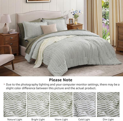 Queen Comforter Set - 7 Pieces Green Gauze Muslin Bedding Sets for All Seasons, Lightweight Breathable Bed in a Bag Queen with Revesible Farmhouse Comforter, Sheets, Pillowcases & Shams
