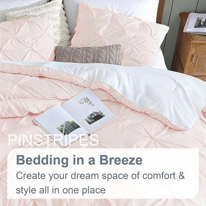 Swift Home Full/Queen Pinstripe Peach Pink Comforter Set - Classic Pintuck Bedding Set - 3 Pieces Bed Linen, 1 Comforter and 2 Pillow Shams