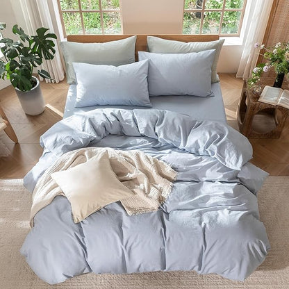 MooMee Bedding Duvet Cover Set 100% Washed Cotton Linen Like Textured Breathable Durable Soft Comfy (Heathered Cornflower Blue, Super King 108"x98")