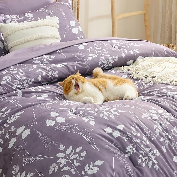 Bedsure Grayish Purple Full Comforter Set - 7 Pieces Floral Bedding Sets Full Bed in a Bag with Reversible Botanical Flowers Comforter, Sheets, Pillowcases & Shams