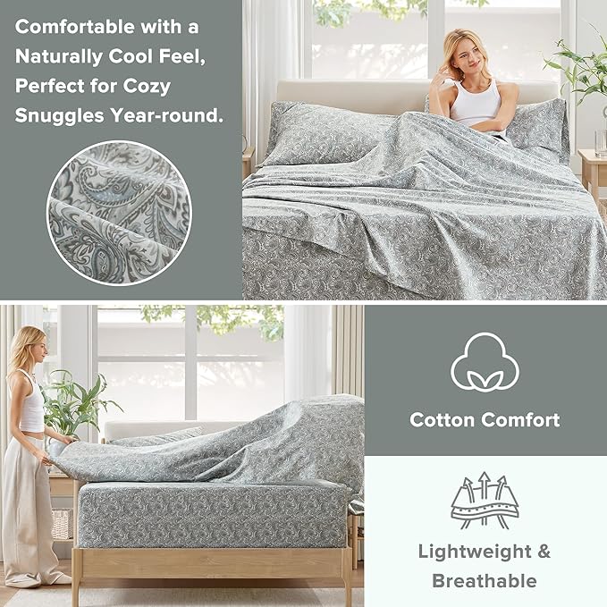 Comfort Spaces Extra Deep Pocket, 100% Cotton King Fits up to 24" Mattress, Breathable, Naturally Cool Cotton, Soft Cotton Sheets, All Seasons Sheet Set, Paisley 4 Piece