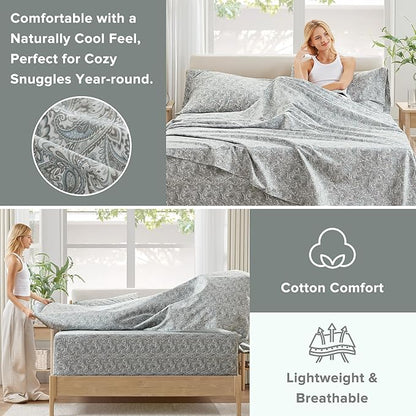 Comfort Spaces Extra Deep Pocket, 100% Cotton Queen Fits up to 24" Mattress, Breathable, Naturally Cool Cotton, Soft Cotton Sheets, All Seasons Sheet Set, Paisley 4 Piece