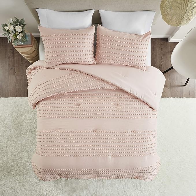 Comfort Spaces Cotton Comforter Set Jacquard Pom-Pom Tufts Design, Down Alternative, All Season Modern Bedding, Matching Shams, Full/Queen, Phillips, Blush