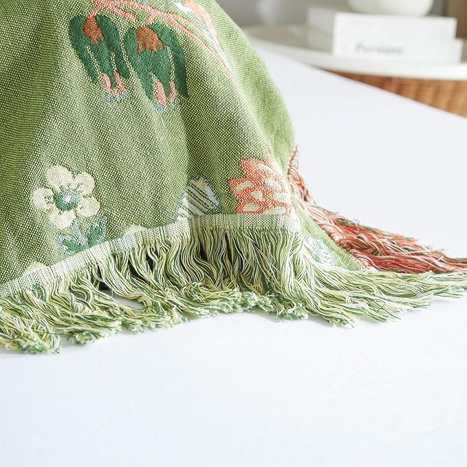 Boho Throw Blanket for Bed 90”x98”, 100% Cotton Woven Blanket for Couch Sofa, Ultra Soft 4-Layer Muslin Quilt with Floral Printed, Farmhouse Bed Blanket/Cover for Living Room Decor