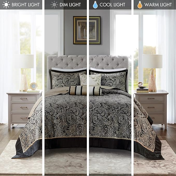 Madison Park Aubrey Reversible Quilted Bedspread Set, Solid Reverse Summer Breathable, Lightweight All Season Bedding Layer, Matching Shams, Bedspread King(120"x118"), Black 5 Piece