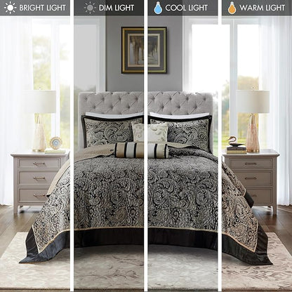 Madison Park Aubrey Reversible Quilted Bedspread Set, Solid Reverse Summer Breathable, Lightweight All Season Bedding Layer, Matching Shams, Bedspread King(120"x118"), Black 5 Piece