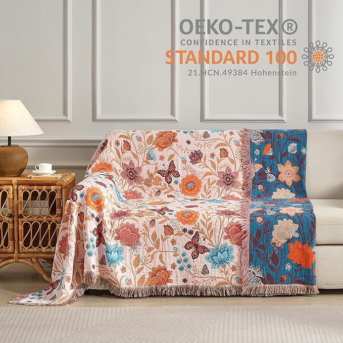 Boho Throw Blanket for Bed 90”x98”, 100% Cotton Woven Blanket for Couch Sofa, Ultra Soft 4-Layer Muslin Quilt with Floral Printed, Farmhouse Bed Blanket/Cover for Living Room Decor