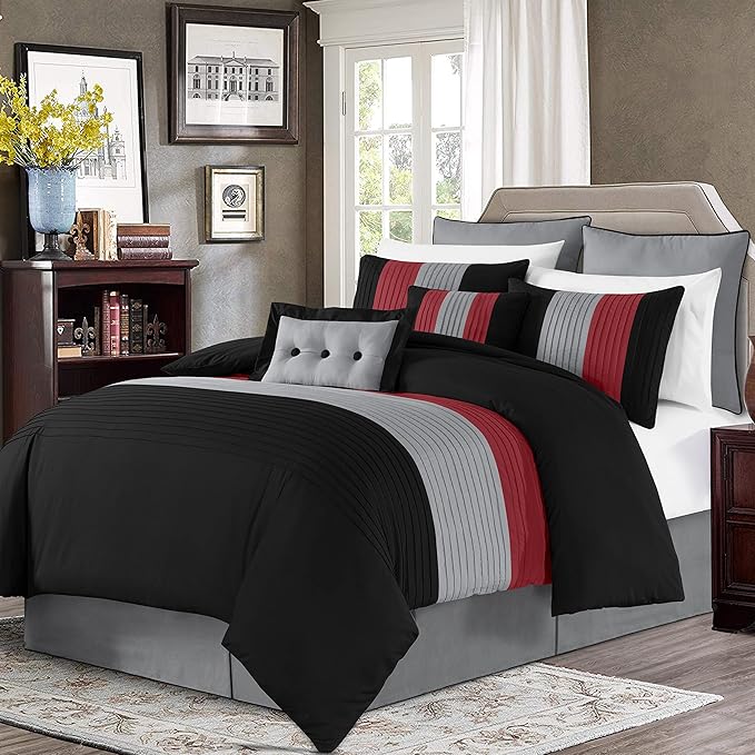 Chezmoi Collection Loft 8-Piece Luxury Striped Comforter Set (California King, Red/Black/Gray)