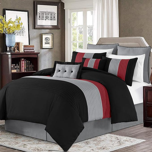 Chezmoi Collection Loft 8-Piece Luxury Striped Comforter Set (King, Red/Black/Gray)